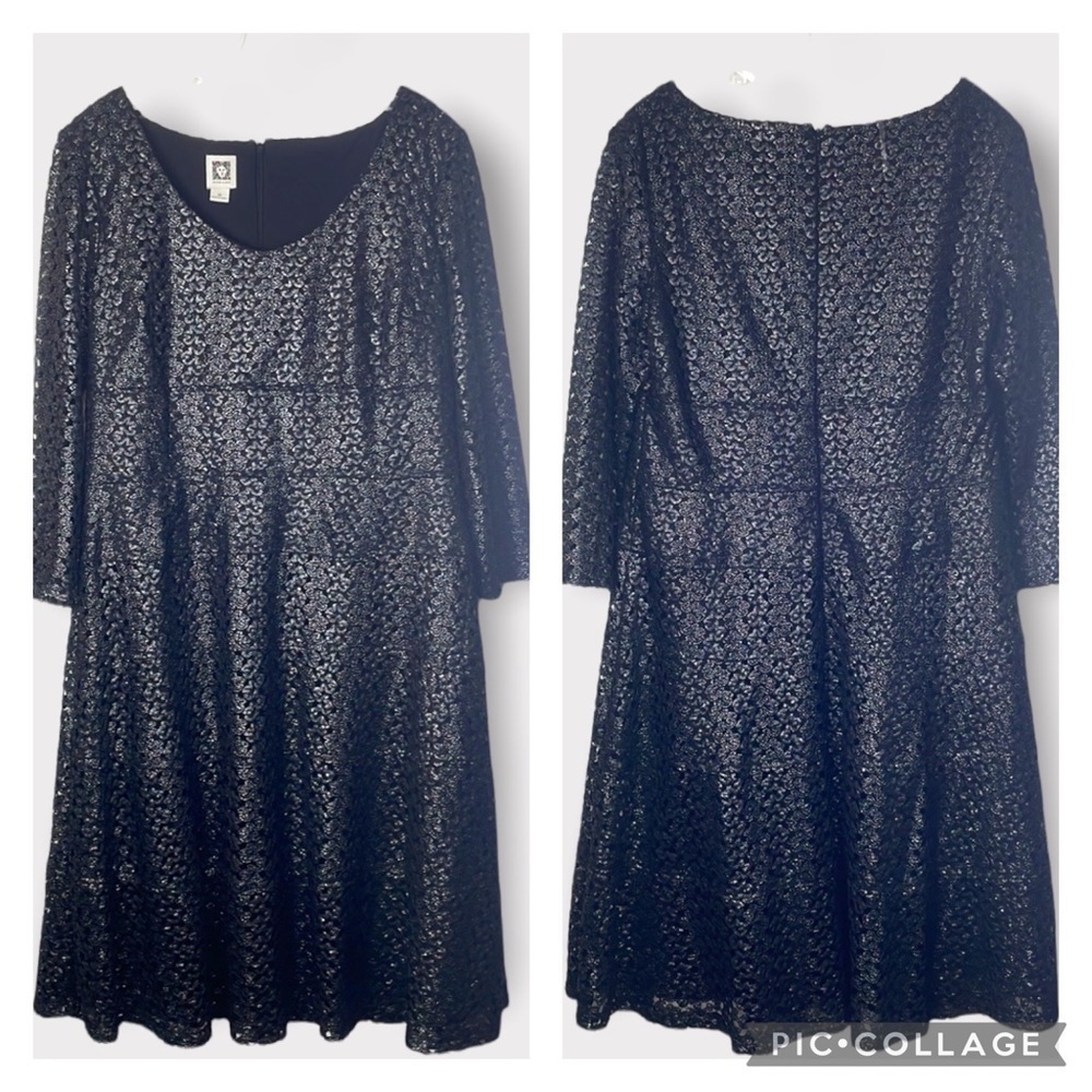 ANNE Klein Black Shimmer Lace Dress as Overlay over Black Lining. Size 14